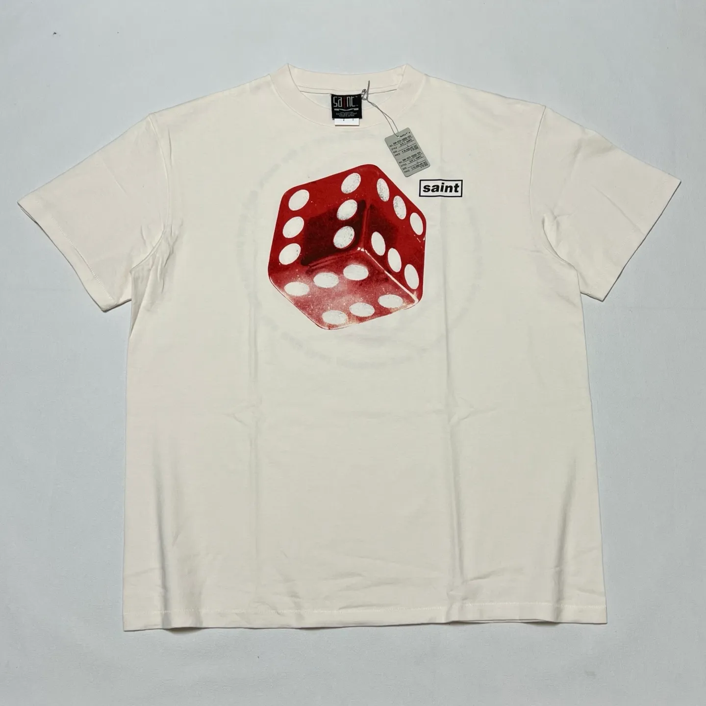 SAINT Mxxxxxx CIRCLE TEE/WHT SAINT dice printed washed short sleeves off-white S-XL cylindrical side seam fabric high weight cylindrical woven tee original development highly restored printing VINTAGE black label/wash label code correct/tag code correct Invincible details Top purchasing level